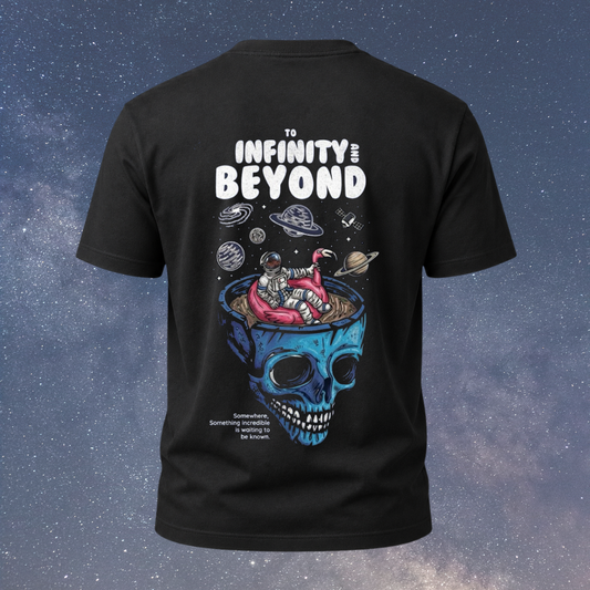 Black t-shirt with a space-themed design and 'To Infinity and Beyond' text on a starry background