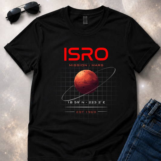 Black t-shirt with ISRO Mission: Mars design on a SPACE background
