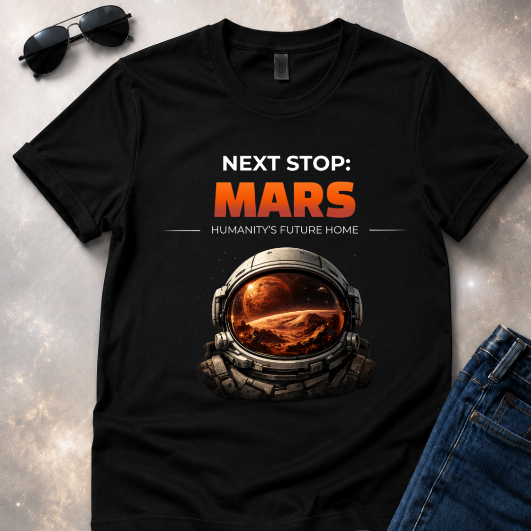 Black t-shirt with 'Next Stop: Mars' design on a textured surface with sunglasses and jeans.