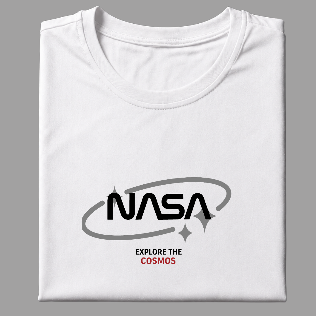 White t-shirt with NASA logo and 'Explore the Cosmos' text on a gray background