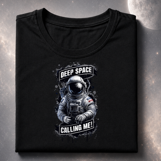 Black t-shirt with an astronaut graphic and 'Deep Space Calling Me!' text on a space-themed background.