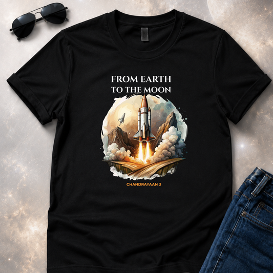 tshirt with rocket taking off and chandrayaan 3 written on the bottom