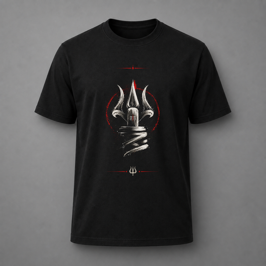 A black short-sleeve crewneck t-shirt featuring a central graphic of a metallic trident resting on a coiled snake, framed by a red circular ring and red horizontal lines above and below, shown against a neutral gray background.
