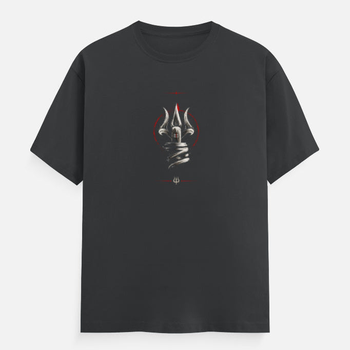 Steel grey t-shirt with 'mahadev trishul' graphic design on a white background