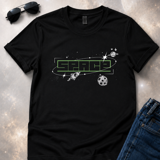 Black t-shirt with 'SPACE' graphic design on a textured surface with sunglasses and jeans.