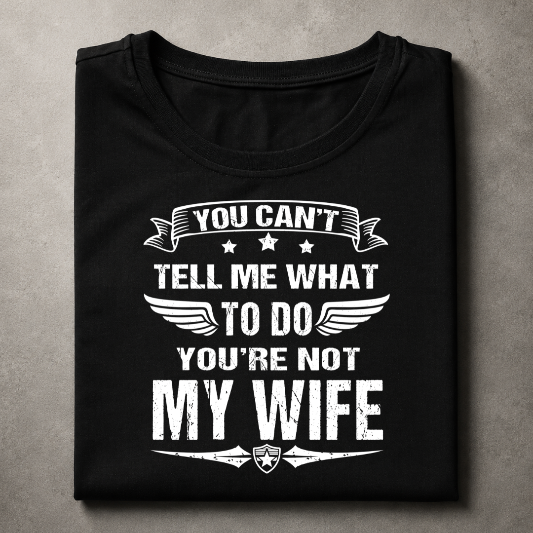 Black t-shirt with white text on a gray background