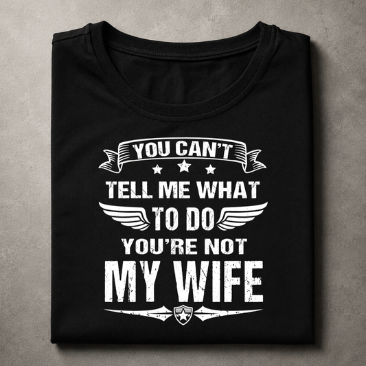 Black t-shirt with white text on a gray background