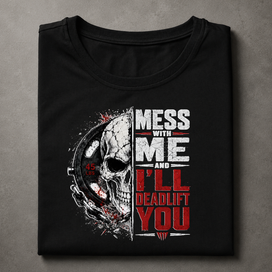 A folded black t-shirt with a graphic print featuring a skull and the text 'MESS WITH ME AND I'LL DEADLIFT YOU' in distressed white and red lettering, displayed on a textured gray background.