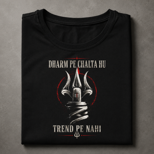 A folded black t-shirt with a graphic print featuring a trident, red circular accents, and white text reading 'DHARM PE CHALTA HU' and 'TREND PE NAHI', displayed on a textured gray background.