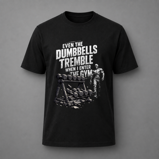A black short-sleeve crewneck t-shirt with a distressed white graphic print on the front. The graphic features the text 'EVEN THE DUMBBELLS TREMBLE WHEN I ENTER THE GYM' above an illustration of a weight stack and a bodybuilder.