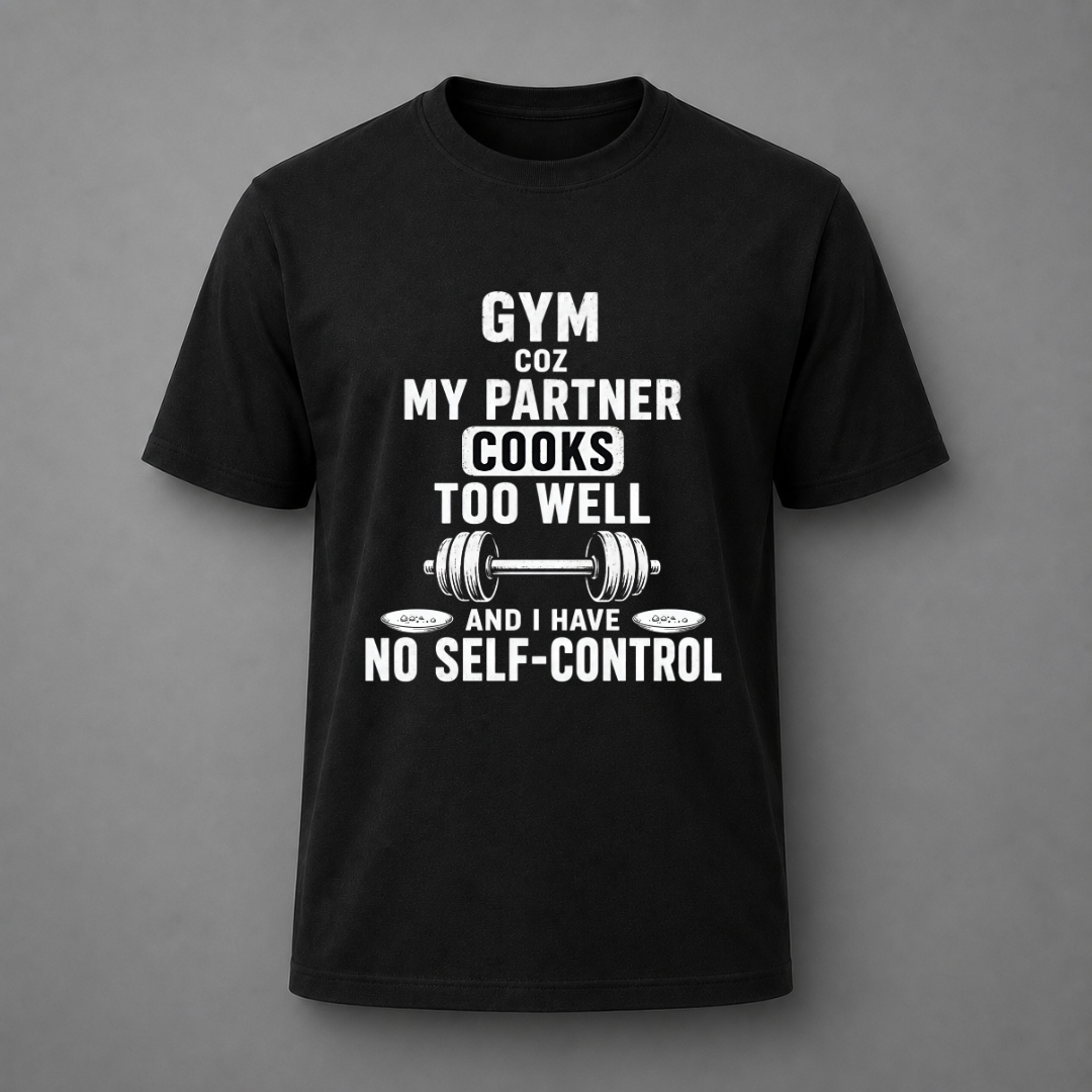 A black short-sleeve crewneck t-shirt with a white graphic text print on the front, displayed against a neutral gray background.
