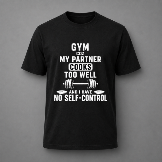 A black short-sleeve crewneck t-shirt with a white graphic text print on the front, displayed against a neutral gray background.