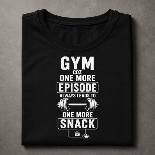 A black crewneck t-shirt with a white graphic print that reads 'GYM COZ ONE MORE EPISODE ALWAYS LEADS TO ONE MORE SNACK' accompanied by a barbell illustration, displayed flat on a textured gray background.