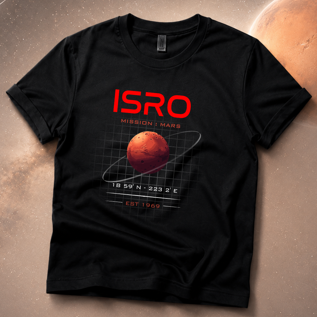 Black t-shirt with ISRO Mission: Mars design on a SPACE background