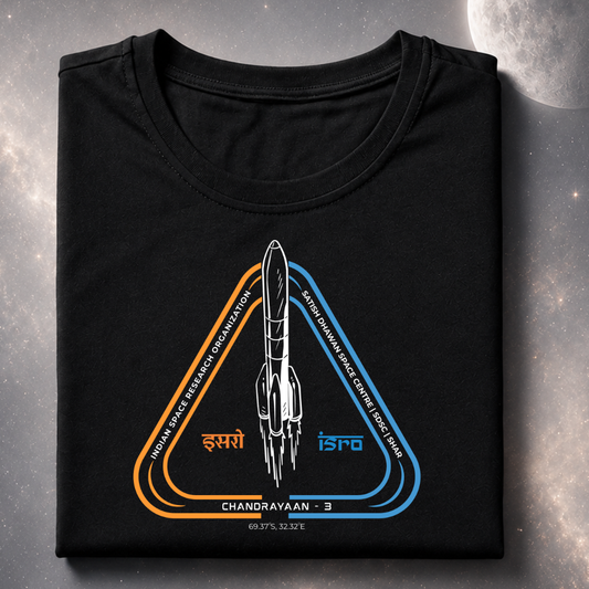 Black t-shirt with a ISRO rocket design on a gray surface