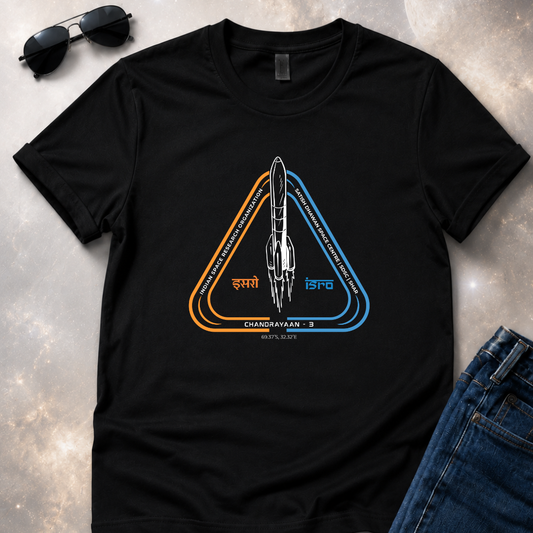 Black t-shirt with a rocket design and text on a textured surface with sunglasses and jeans.