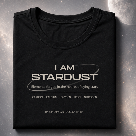 Black t-shirt with 'I AM STARDUST' text on a space background