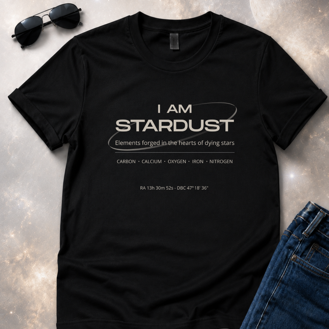 Black t-shirt with 'I AM STARDUST' text on a space background