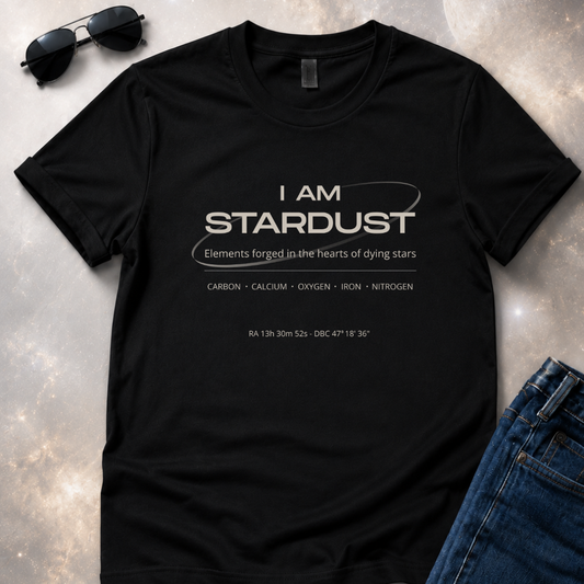 Black t-shirt with 'I AM STARDUST' text on a space background