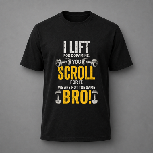 A black short-sleeve crewneck t-shirt with a humorous graphic print on the front. The text reads 'I LIFT FOR DOPAMINE; YOU SCROLL FOR IT.