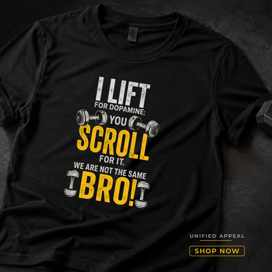 Black t-shirt with humorous gym and social media text design on a dark background