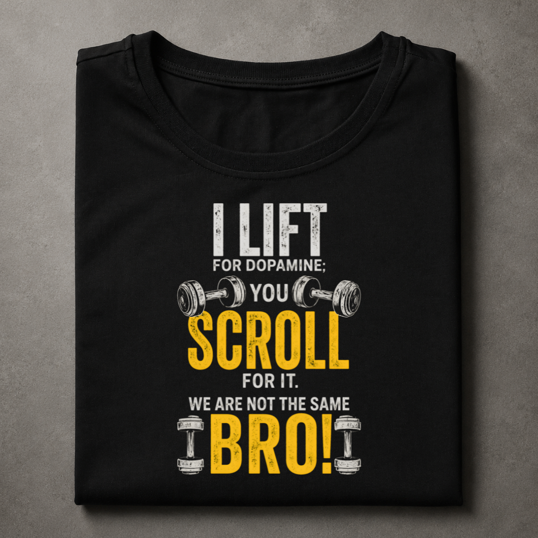 A folded black t-shirt with a humorous graphic print that reads 'I LIFT FOR DOPAMINE: YOU SCROLL FOR IT. WE ARE NOT THE SAME BRO!'.