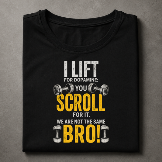 A folded black t-shirt with a humorous graphic print that reads 'I LIFT FOR DOPAMINE: YOU SCROLL FOR IT. WE ARE NOT THE SAME BRO!'.