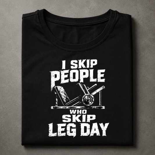 A folded black t-shirt with a distressed white graphic print that reads 'I SKIP PEOPLE WHO SKIP LEG DAY' alongside an illustration of a leg extension machine, displayed on a textured gray background.