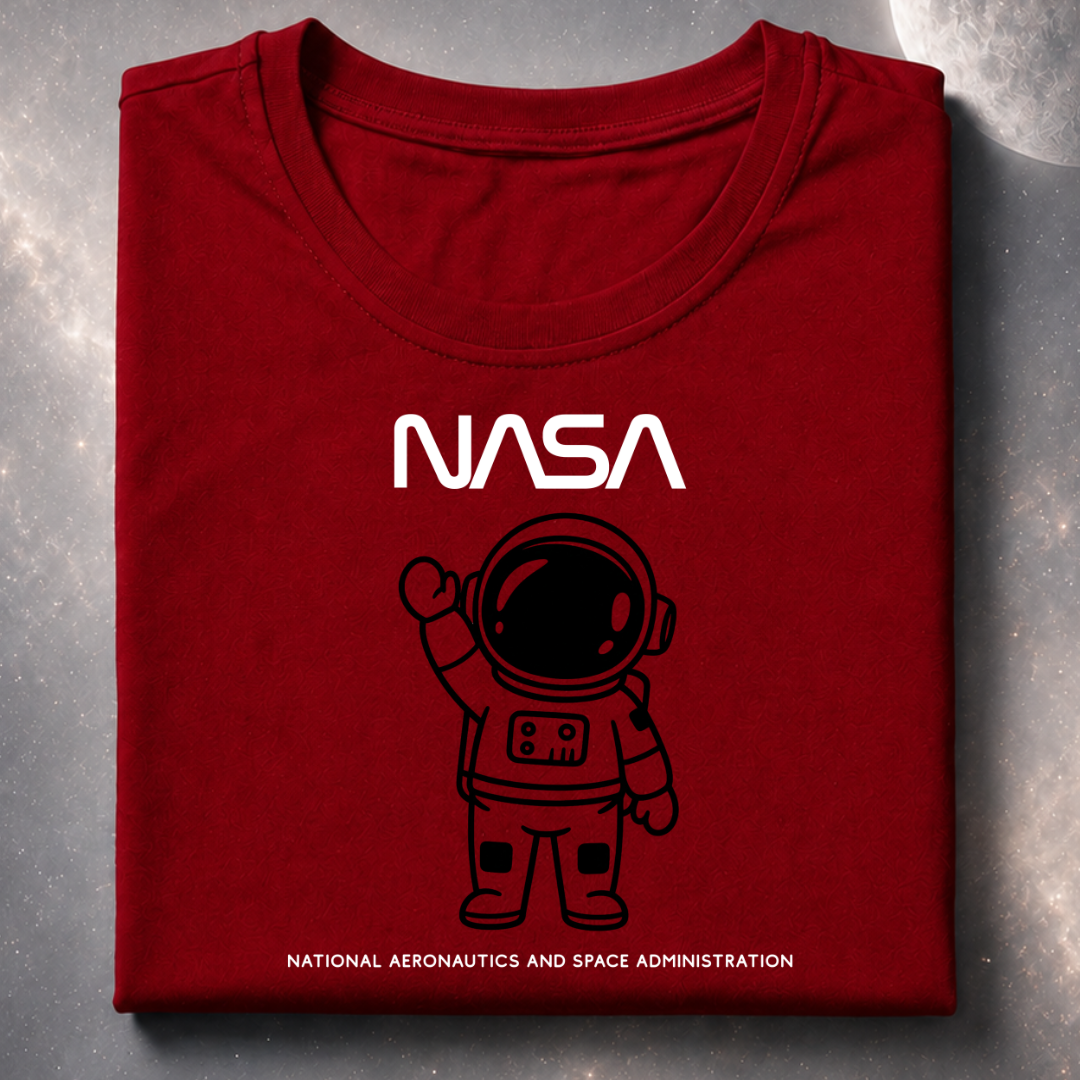 Folded red t-shirt with NASA logo and astronaut graphic on a gray surface