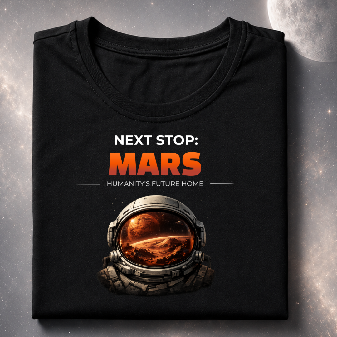 Black t-shirt with 'Next Stop: Mars' design on a space-themed background