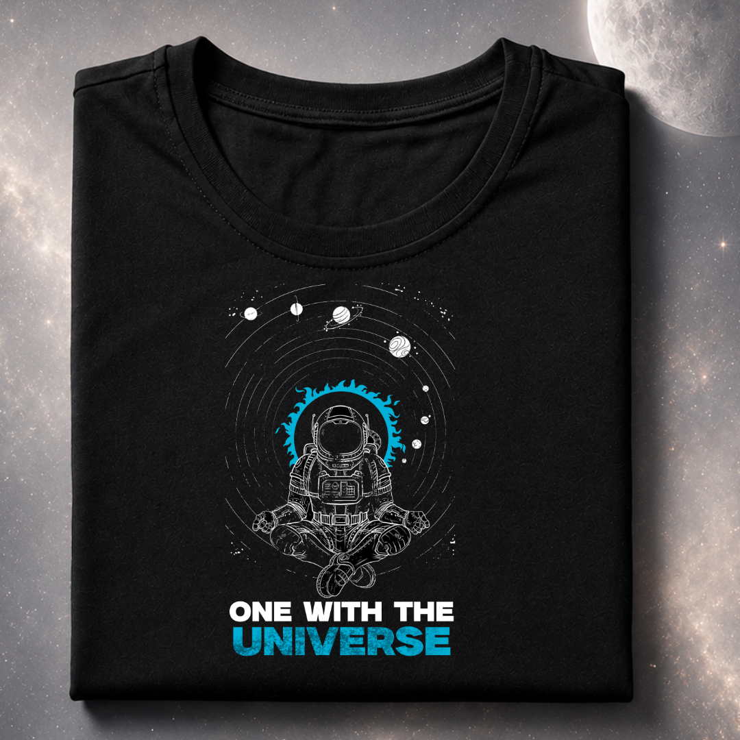 A folded black t-shirt with a graphic of an astronaut meditating in space, surrounded by planets and stars, with the text 'ONE WITH THE UNIVERSE' printed below. The t-shirt is displayed against a dark, starry space background.