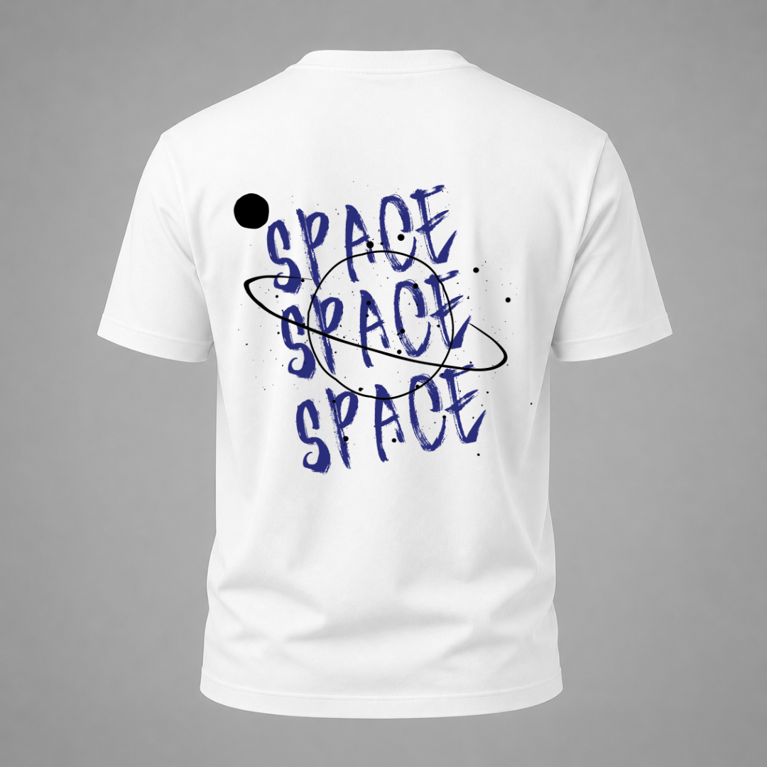 White short-sleeve t-shirt shown from the back, featuring a blue and black graphic print of the word 'SPACE' repeated with a circular orbit design and small black space dots on a gray background.