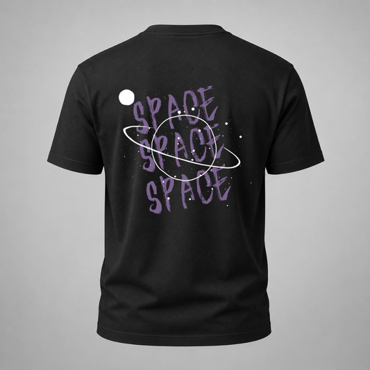 Black t-shirt with 'SPACE SPACE SPACE' text design on a gray background