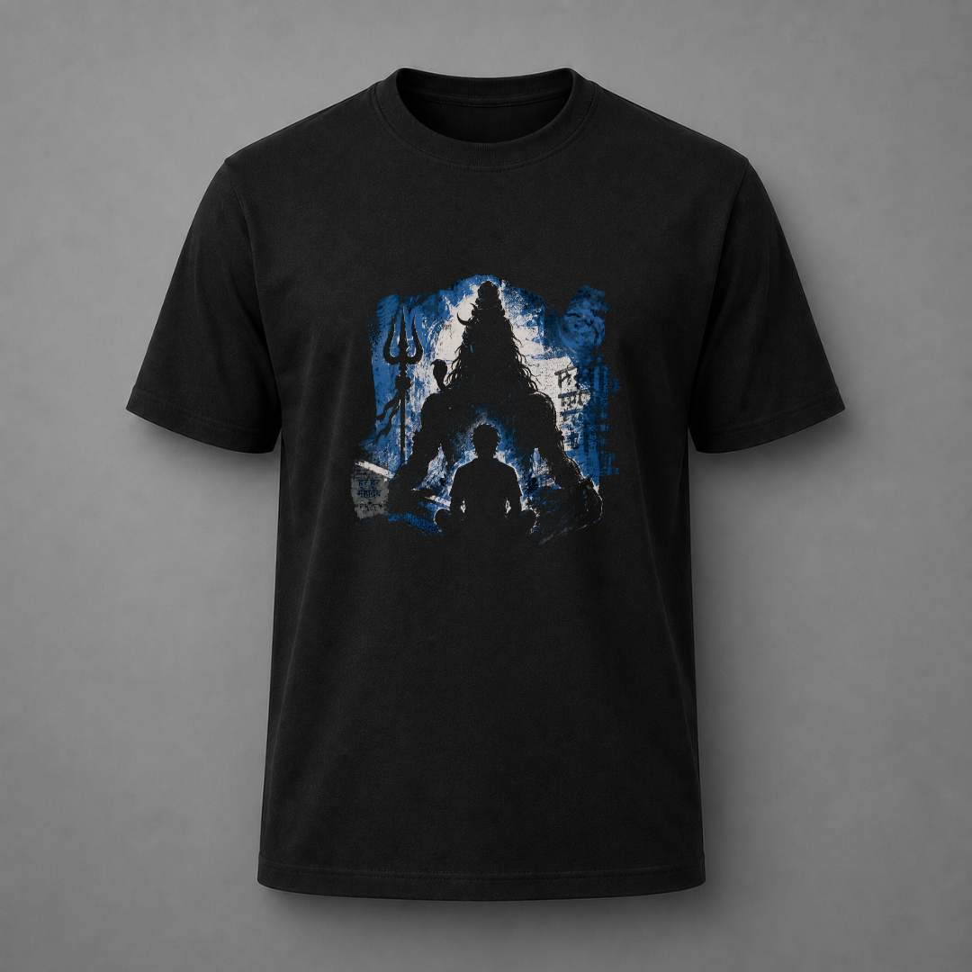 A black short-sleeve crewneck t-shirt with a graphic print of a silhouetted Mahadev figure facing a blue and white triangular temple structure, displayed on a neutral gray background.