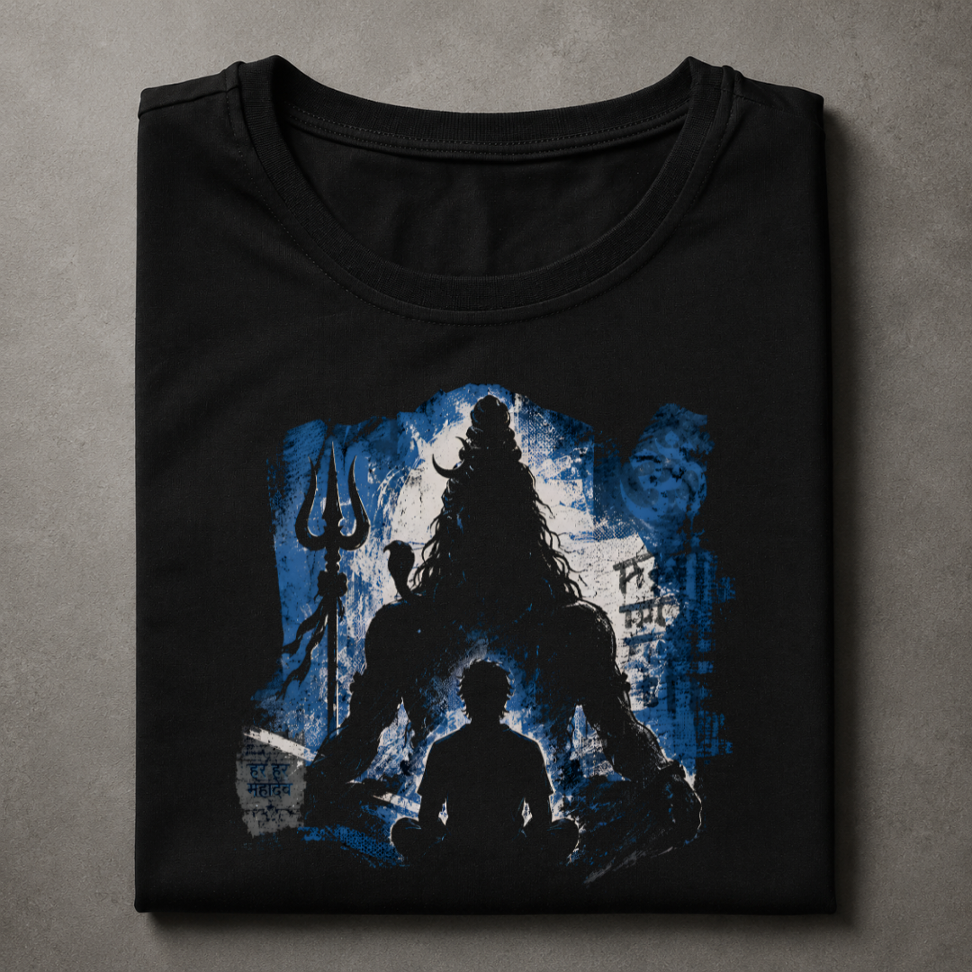 A black short-sleeve t-shirt with a blue and black graphic print of Shiva, displayed flat on a textured gray background.