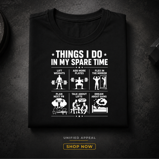 Black t-shirt with white graphic and text on a dark textured background