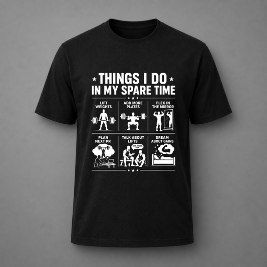 A black short-sleeve crewneck t-shirt with a white graphic print on the front. The graphic features the text 'THINGS I DO IN MY SPARE TIME' above a six-panel comic strip illustrating fitness and laziness activities like lifting weights, adding resistance plates, flexing in the mirror, planning next steps, talking about lifts, and dreaming about gains.