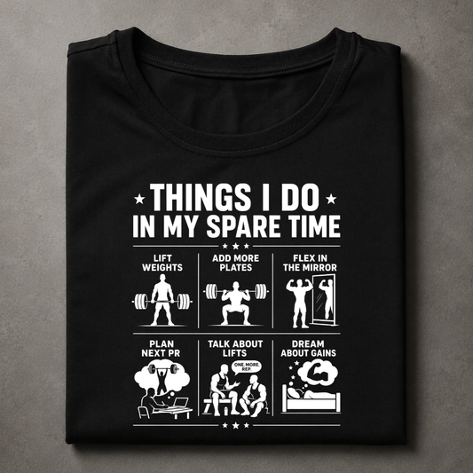 A black short-sleeve t-shirt with a white graphic print on the front, laid flat on a textured gray background. The graphic features the text 'THINGS I DO IN MY SPARE TIME' above six white fitness-themed illustrations and captions.