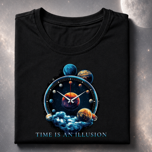 Black t-shirt with space-themed design and 'Time is an Illusion' text on a gray background