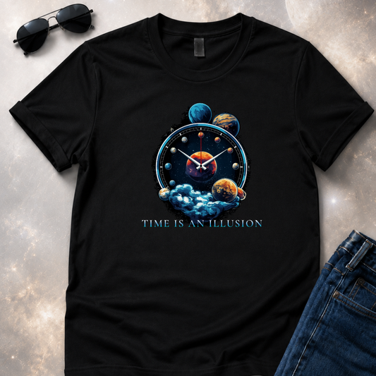 Black t-shirt with a space-themed design and 'Time is an Illusion' text, placed on a textured surface with sunglasses and jeans.