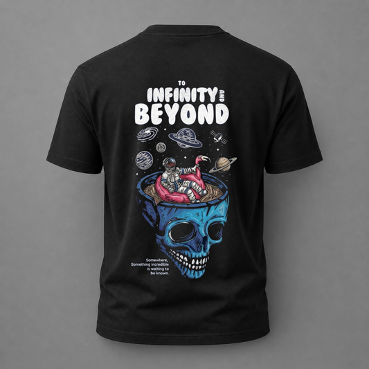 A black short-sleeve t-shirt shown from the back, featuring a large graphic print of a blue skull containing an astronaut floating in space with planets and the text 'TO INFINITY BEYOND'.