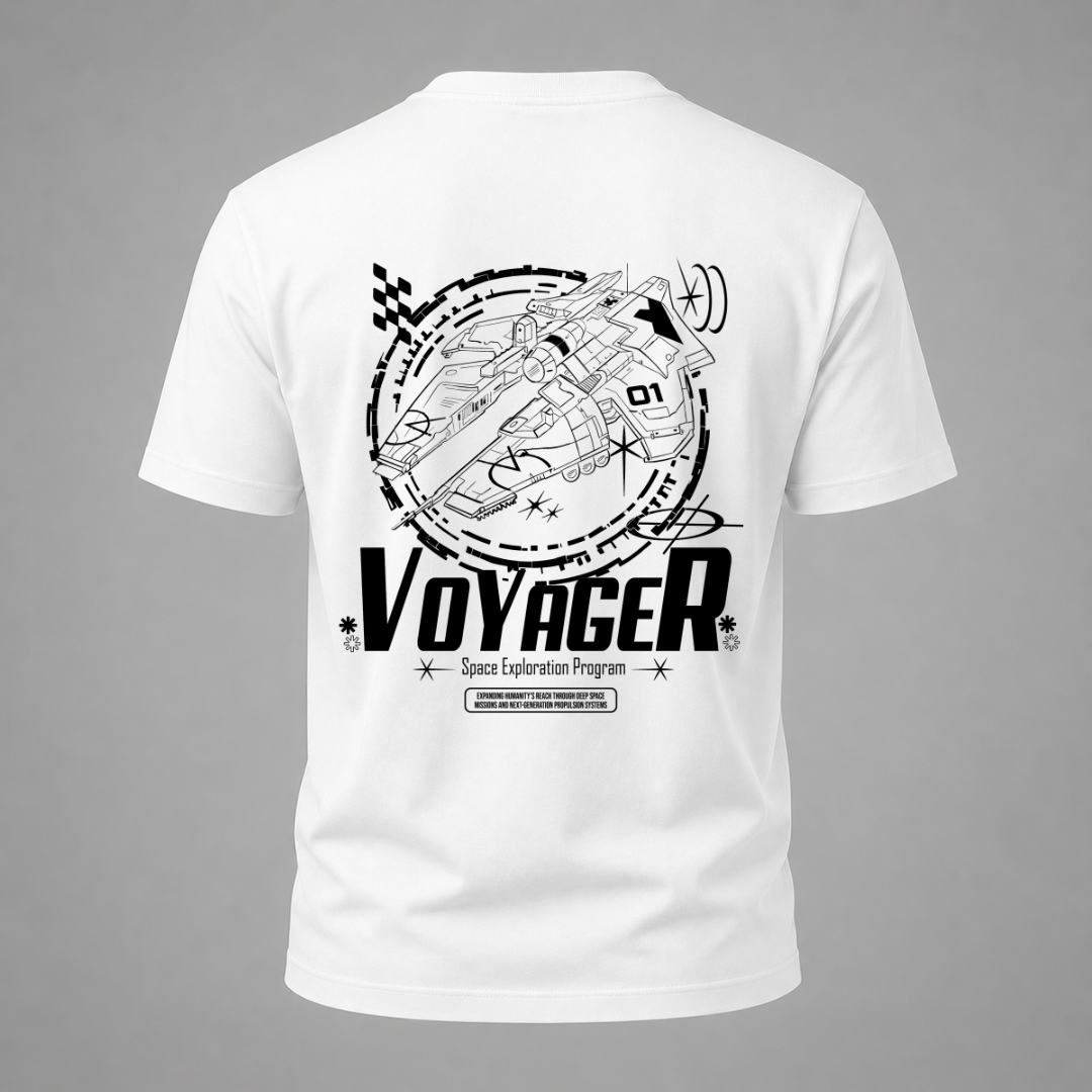 White t-shirt with 'Voyager' space exploration graphic on a gray background