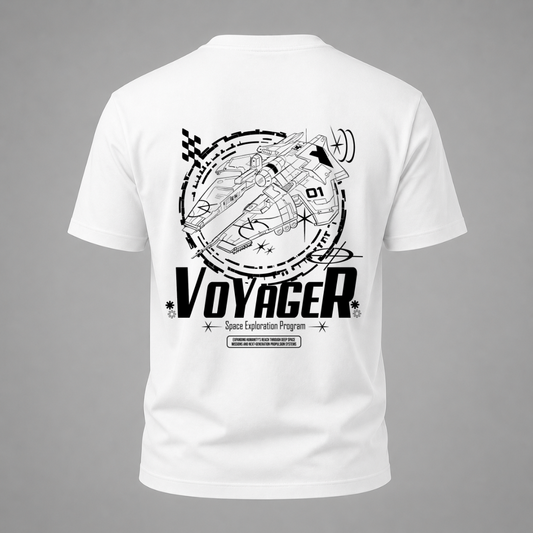 White t-shirt with 'Voyager' space exploration graphic on a gray background