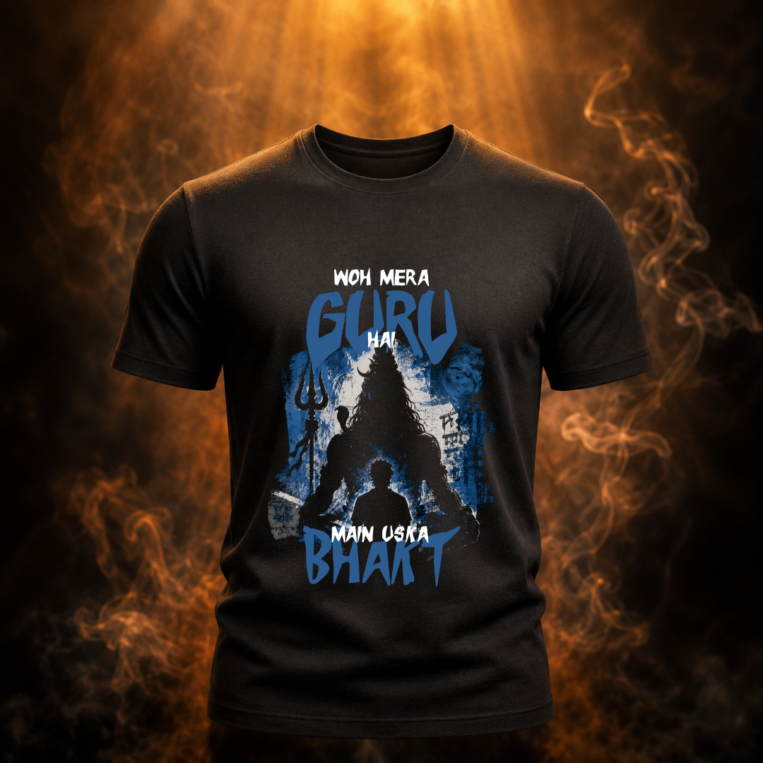 Black t-shirt with blue graphic design on a dark background with flames