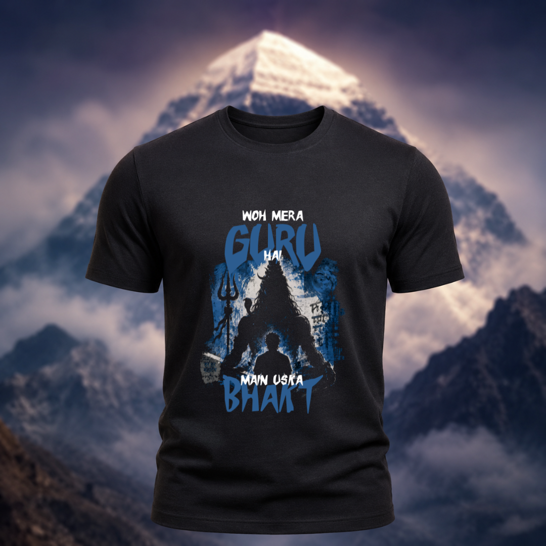 Black t-shirt with blue graphic design against a mountainous background