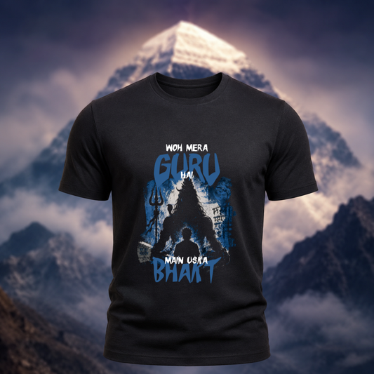 Black t-shirt with blue graphic design against a mountainous background