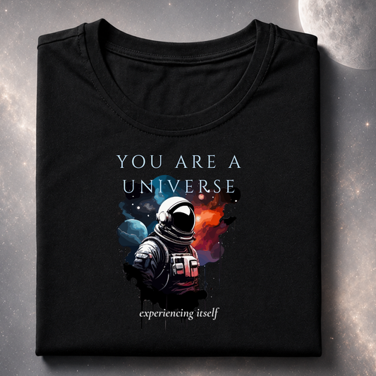 a folded black t-shirt with an astronaut graphic and text 'You are a universe experiencing itself'.