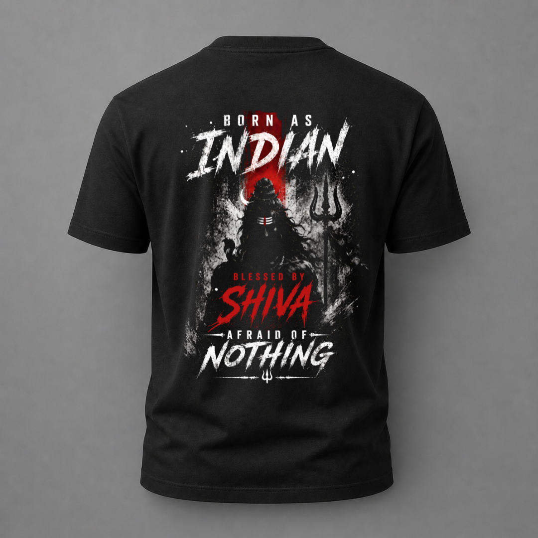 A black short-sleeve t-shirt shown from the back, featuring a large graphic print with the text 'BORN AS INDIAN', 'BLESSED BY SHIVA', and 'AFRAID OF NOTHING' in white and red lettering over a dark illustration.