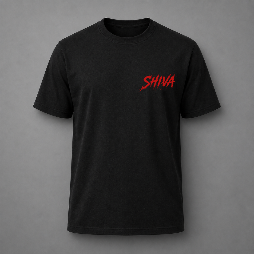 A black short-sleeve crewneck t-shirt with the word 'SHIVA' printed in a red stylized font on the left chest, displayed against a neutral gray background.