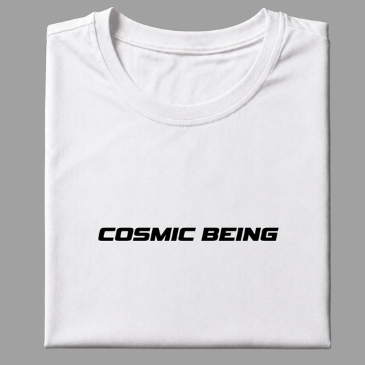 White t-shirt with 'Cosmic Being' text on a gray background